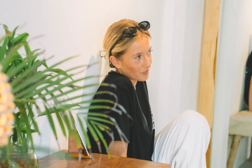 a girl at the room at Kima Surf Hiriketiya